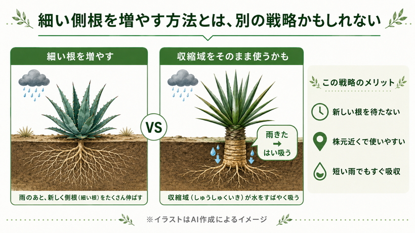 収縮根が雨を効率よく取り込むための別の戦略かもしれない図