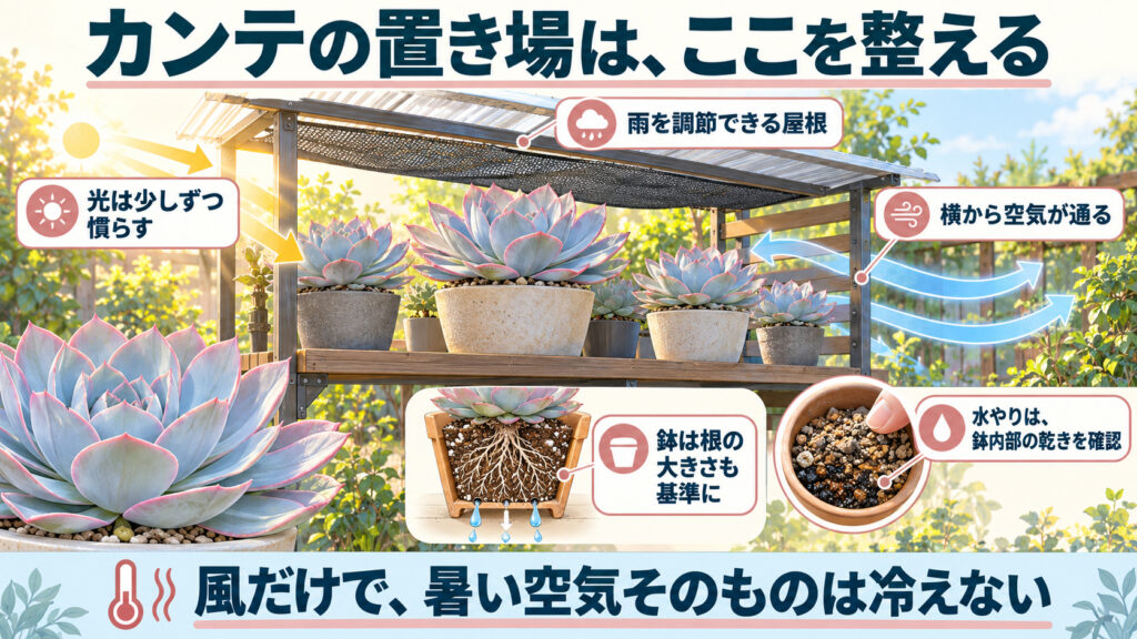 雨よけ、横からの通風、光への順化、根の大きさを考えた鉢、内部の乾きの確認を示す栽培棚の図