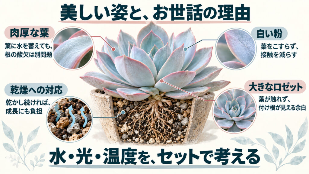 肉厚な葉、白い粉、大きなロゼット、乾燥への対応を、水・光・温度を合わせて管理する考え方につなげた図