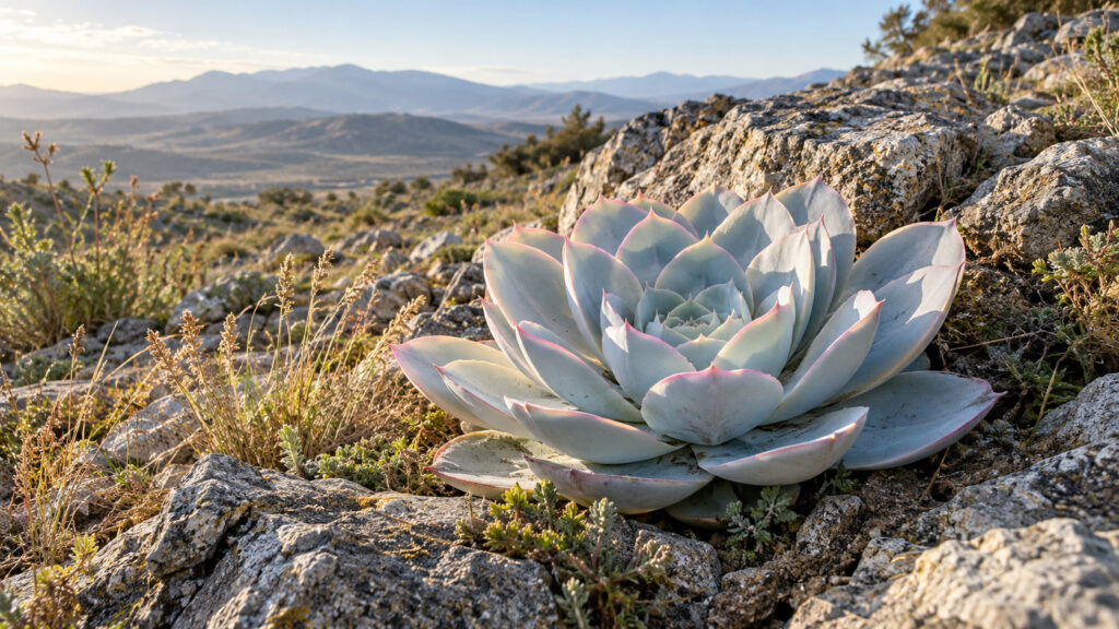 メキシコ高地の岩際に、大きく平たい白粉の葉を広げるカリロア・カンテの参考イメージ