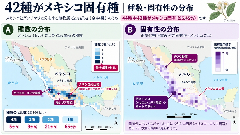Carrilloa44種のうち42種がメキシコ固有種であることと種数・固有性CWEの分布を示す地図